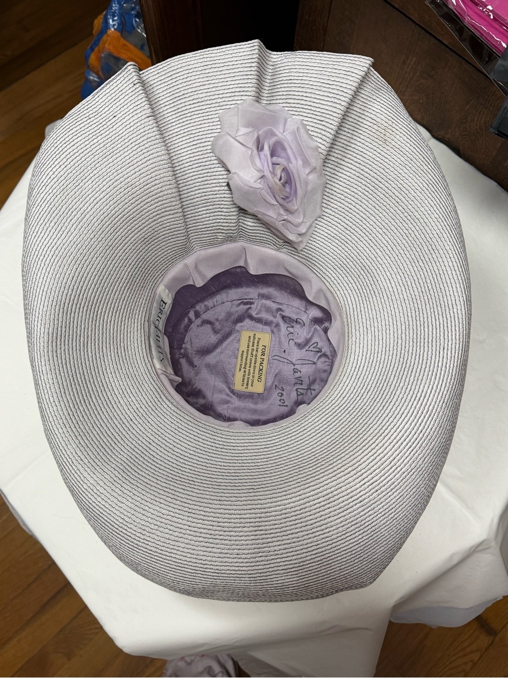 Vintage Eric Javits Wide-Brim Straw Sun Hat Lavender Rose Accent 18” - Picture 9 of 11